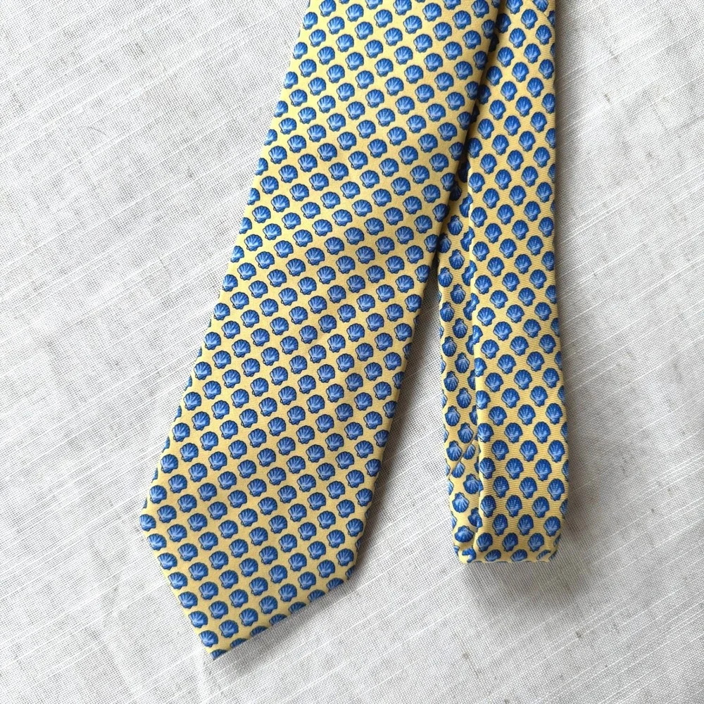 J.Crew Mens Silk Tie Yellow Blue Seashell Nautical Print Necktie